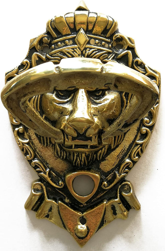 Crowned Lion Door Knocker with Spy Hole,Viewer,Peephole, Solid Brass 6.3 inches(Antique Brass)