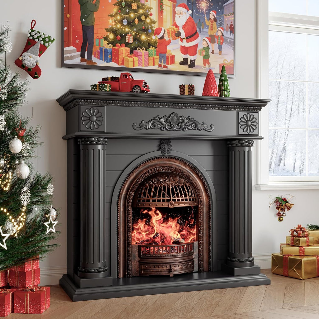 Solid Wood Electric Fireplace TV Stand, 52" Electric Fireplace with Mantel, Roman Column Entertainment Center with Bronze Arched Birdcage Insert, Electric Fireplace Heater for Living Room, Black