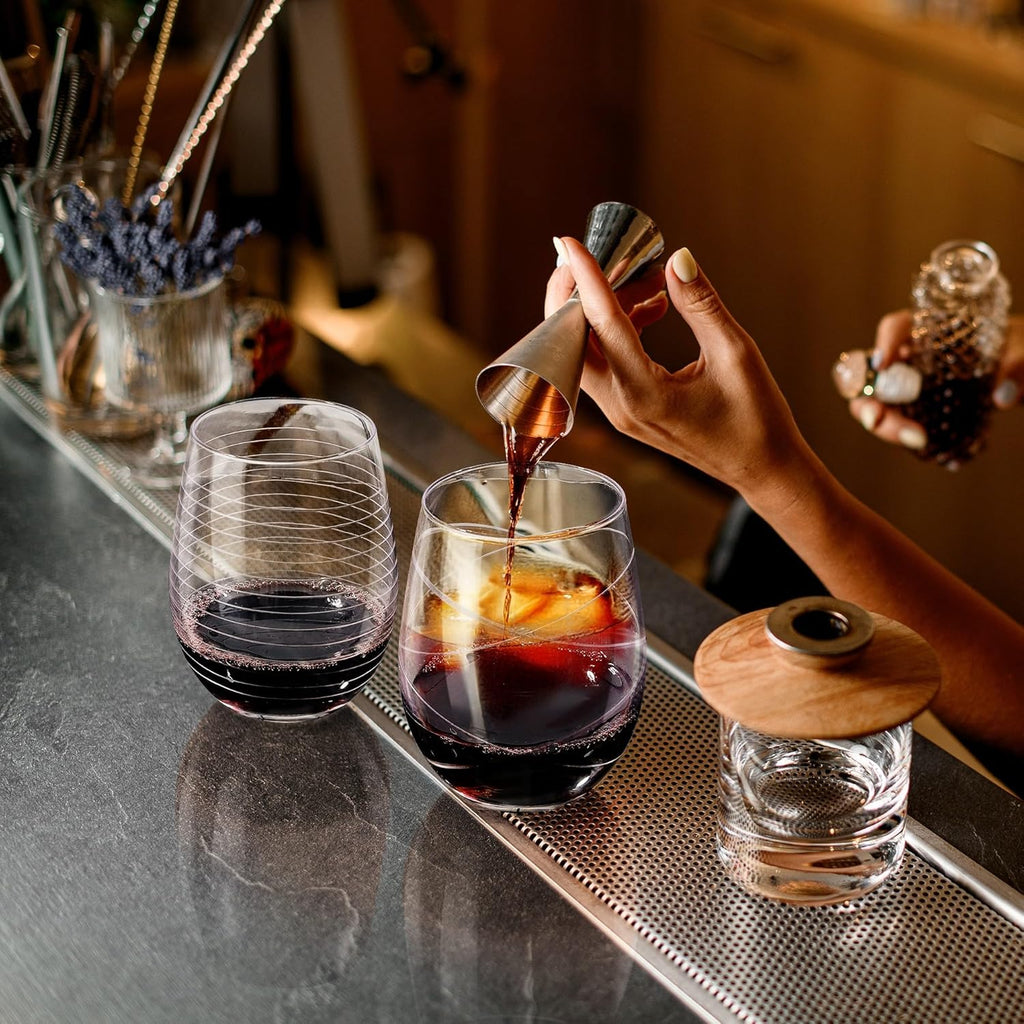 Hand Blown Etched Stemless Wine Glasses with Dots Strips Pattern for Red Wine,Large Carved Drinking Glass Cups