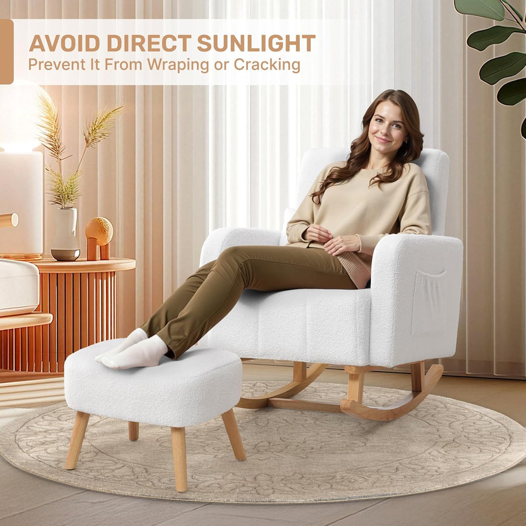 Rocking Chair with Ottoman, Upholstered Glider Rocker with High Backrest and Side Pocket, Comfy Reading Chair with