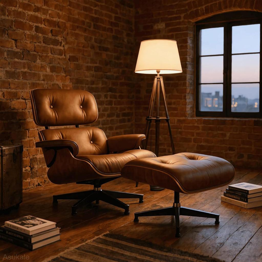 Modern Reading Chair and Ottoman — Brown Leather