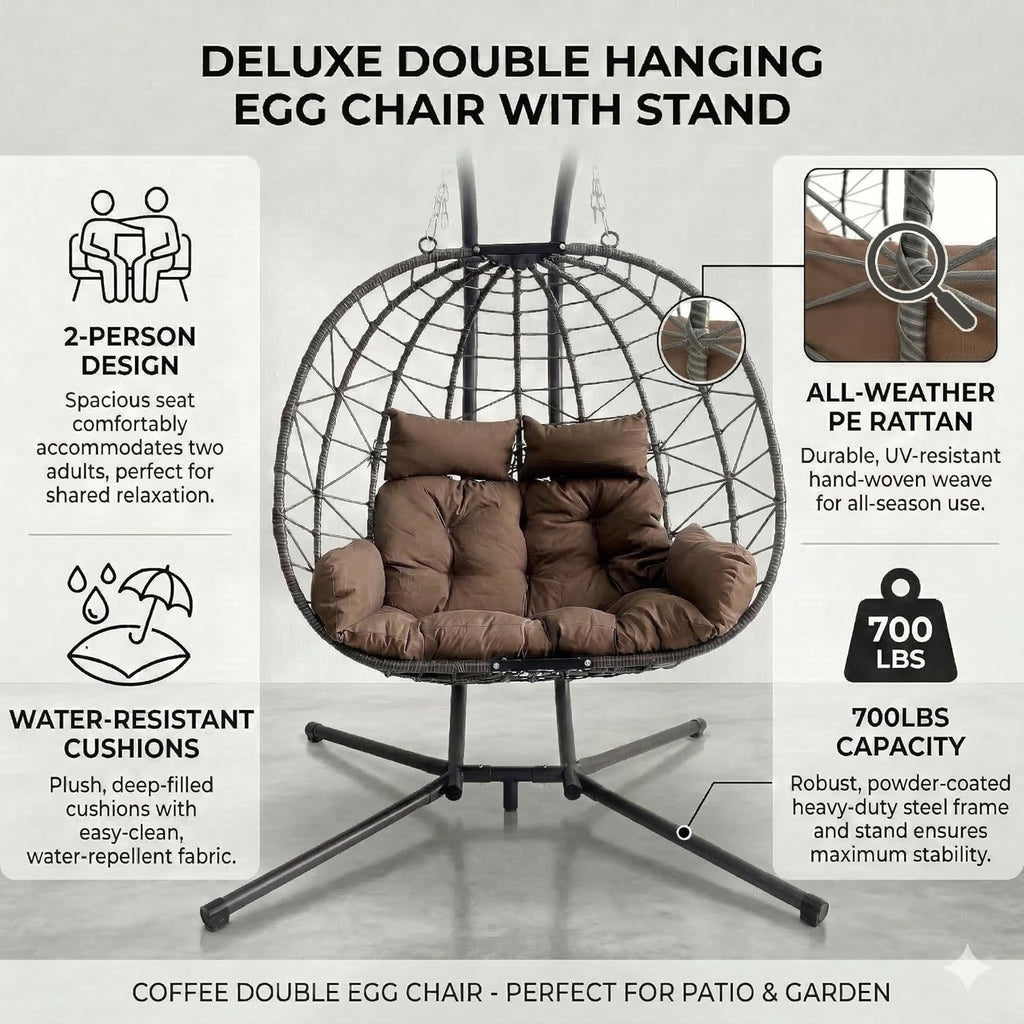 Extra Large Double Egg Swing Chair with Stand, 2-Person Outdoor Patio Hanging Chair with Cushions & Pillows