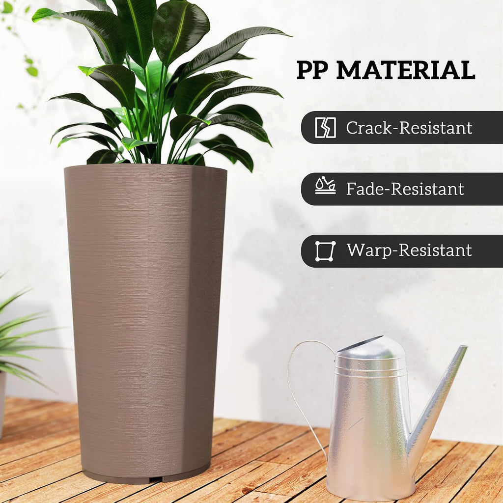 29 Inch Tall Planters for Outdoor Plants Set of 2, Brown | Plastic Flower Pots, DIY Drainage Holes, Stackable Large