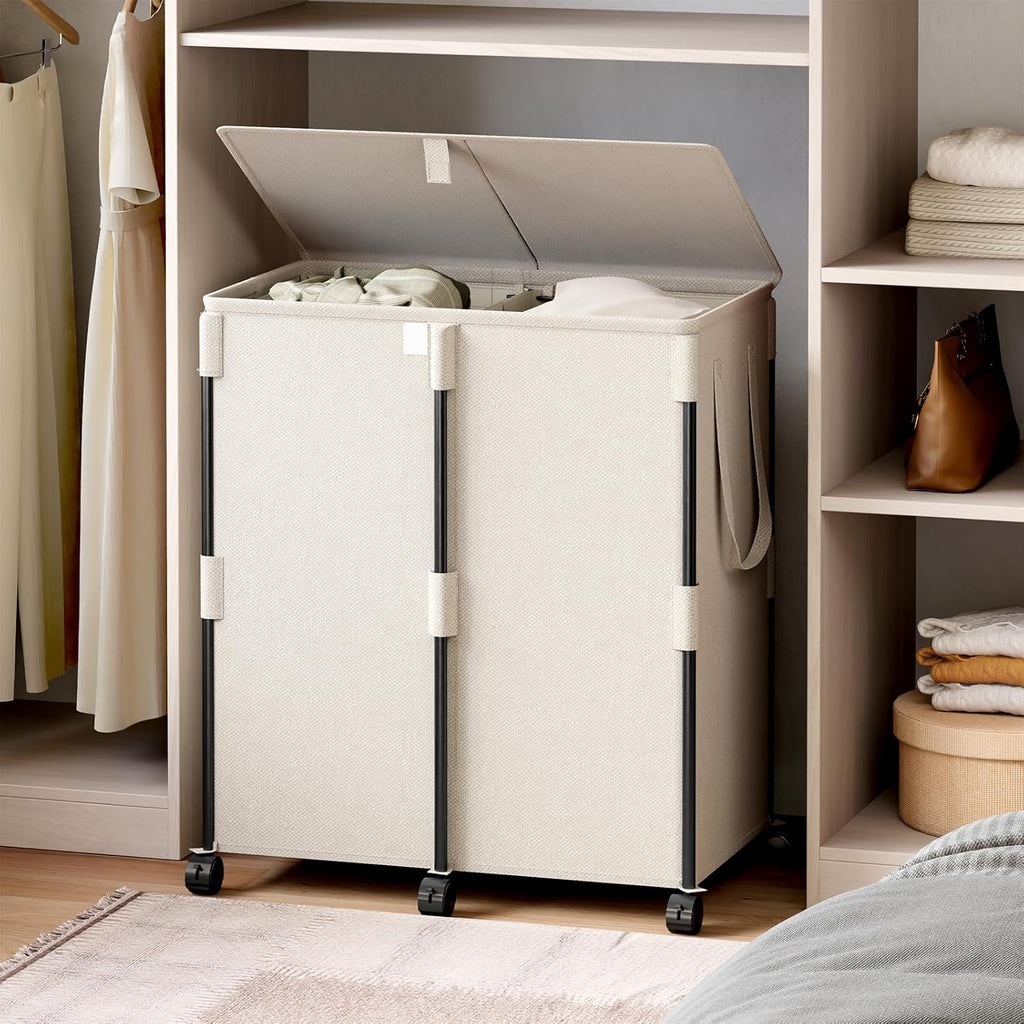 140L Double Laundry Hamper with Lid and 6 Wheels, Rolling Laundry Basket | Metal Frame Laundry Sorter 2 Section with