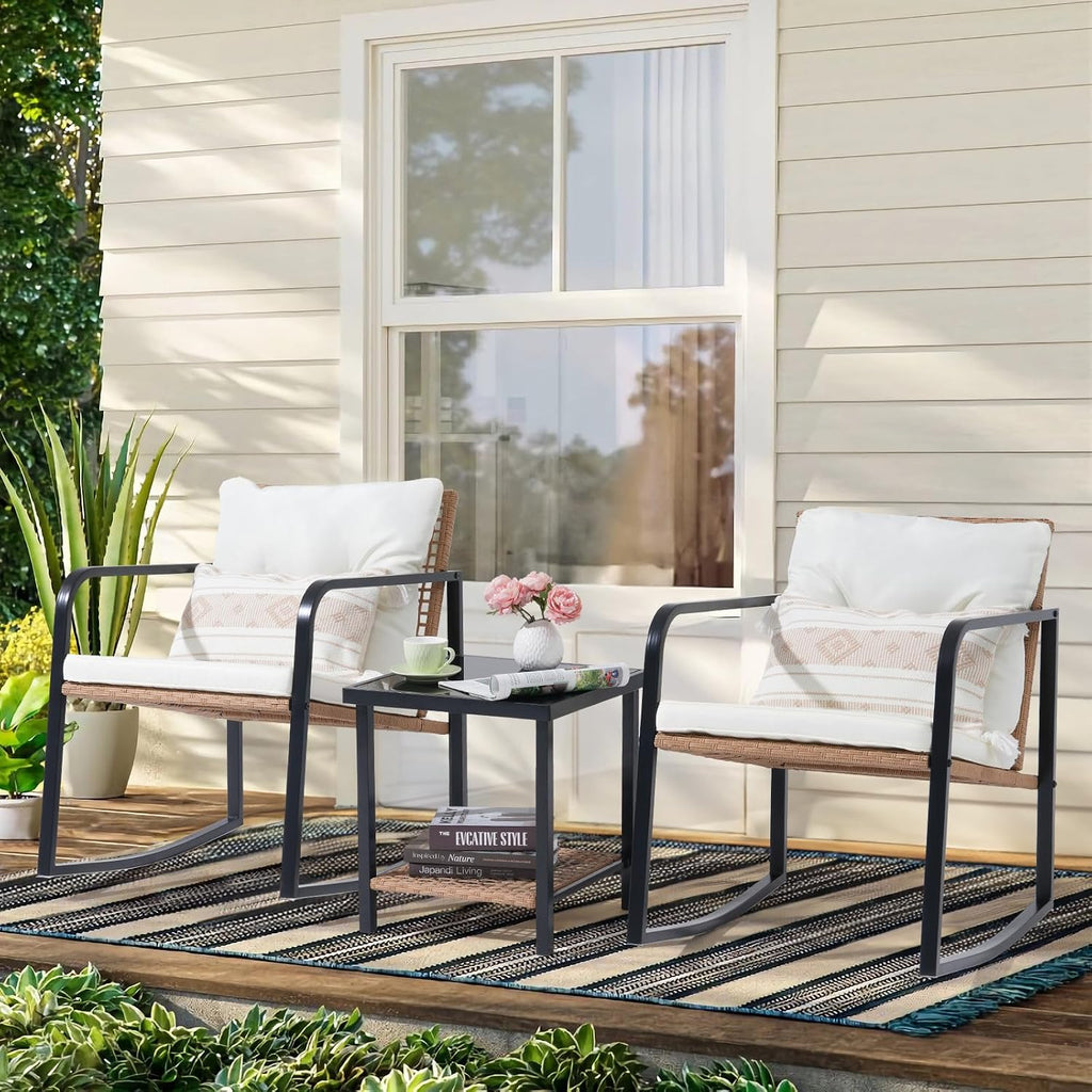 3-Piece Rocking Bistro Set, Small Wicker Patio Furniture Set | Outdoor Patio Rocking Chairs Set, 2-Tier Coffee Table