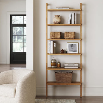 Beacon Scandinavian 6-Shelf Wooden Wall Mounted Bookcase, Rustic Solid Wood Bookshelf, Warm Pine