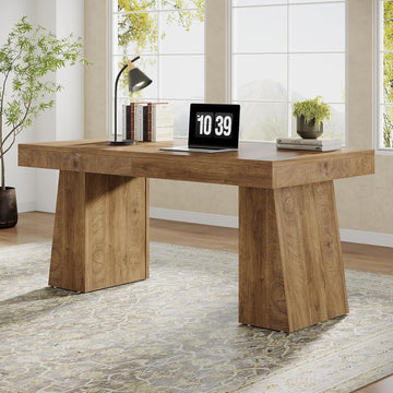 55" Executive Desk, Wooden Office Desk with Double Pedestal, Modern Simple Computer Writing Table, Light Brown