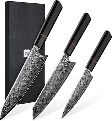 Damascus Knife Set 3 PCS - VG10 Kitchen Knife With Octagonal Handle | VG10 high-carbon steel, Japanese Artisanal