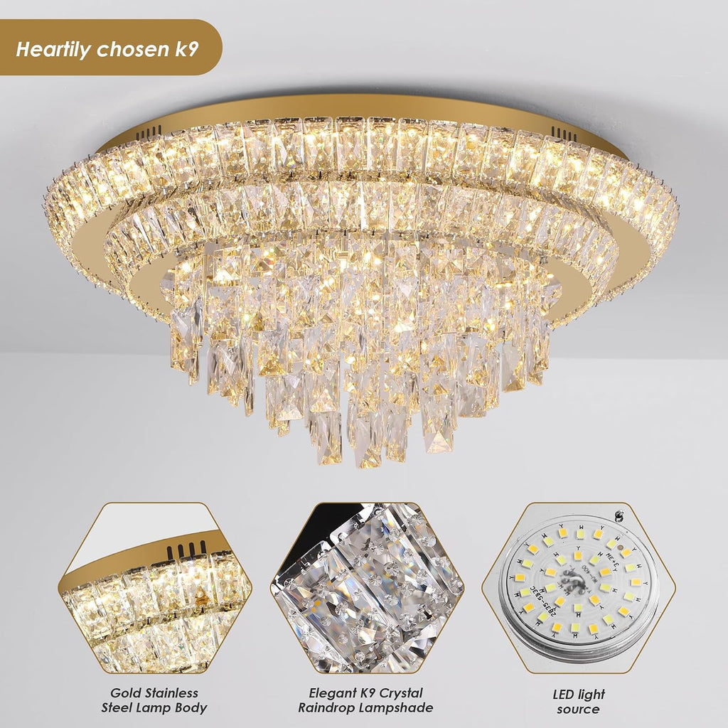 24 inch Crystal Gold Ceiling-Light Flush Mount With Remote Control and APP | 3CCT Dimmable & Brightness Adjustable