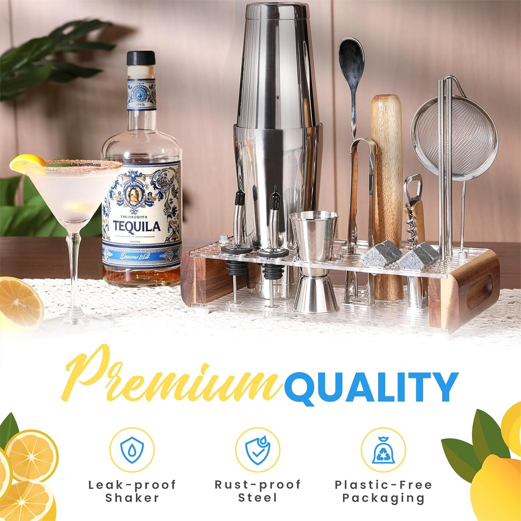 Mixology Bartender Kit with Stand - Bar Tool Set, Silver Bar Set Cocktail Shaker Set for Drink Mixing - Set of 15