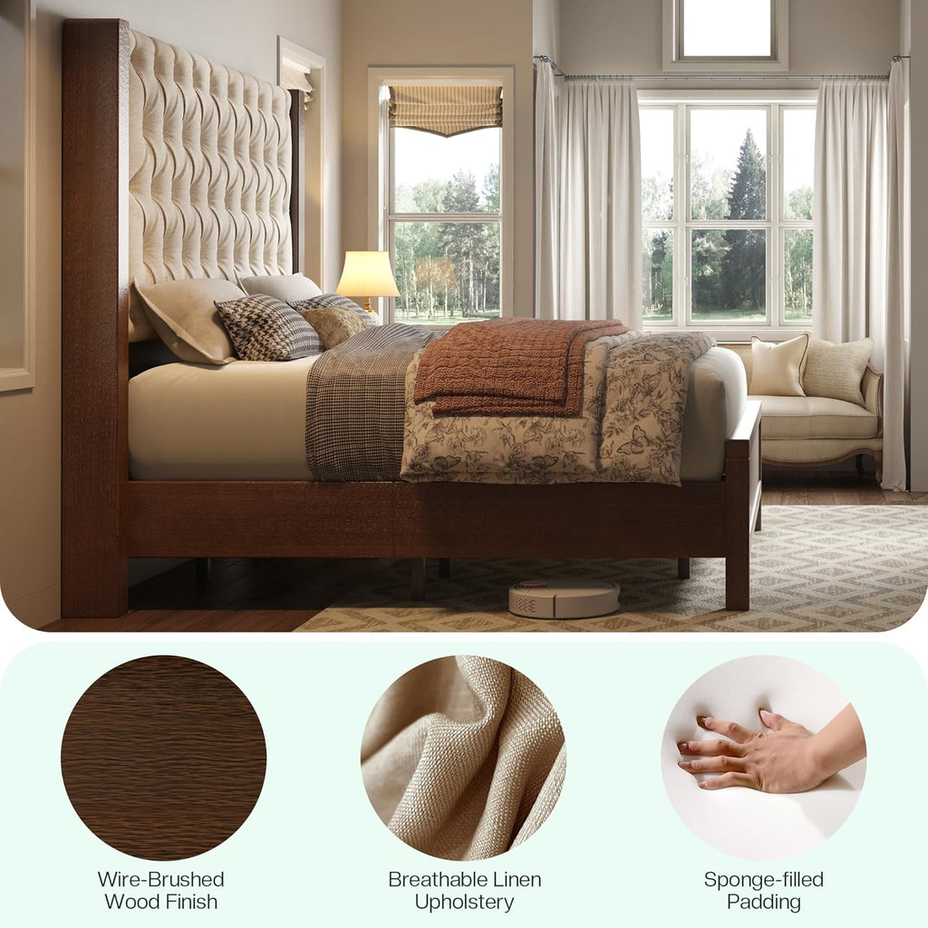 Solid Wood Queen Bed Frame, 57" Tall Farmhouse Platform Beds, Upholstered Line Wingback Headboard, Deep Button