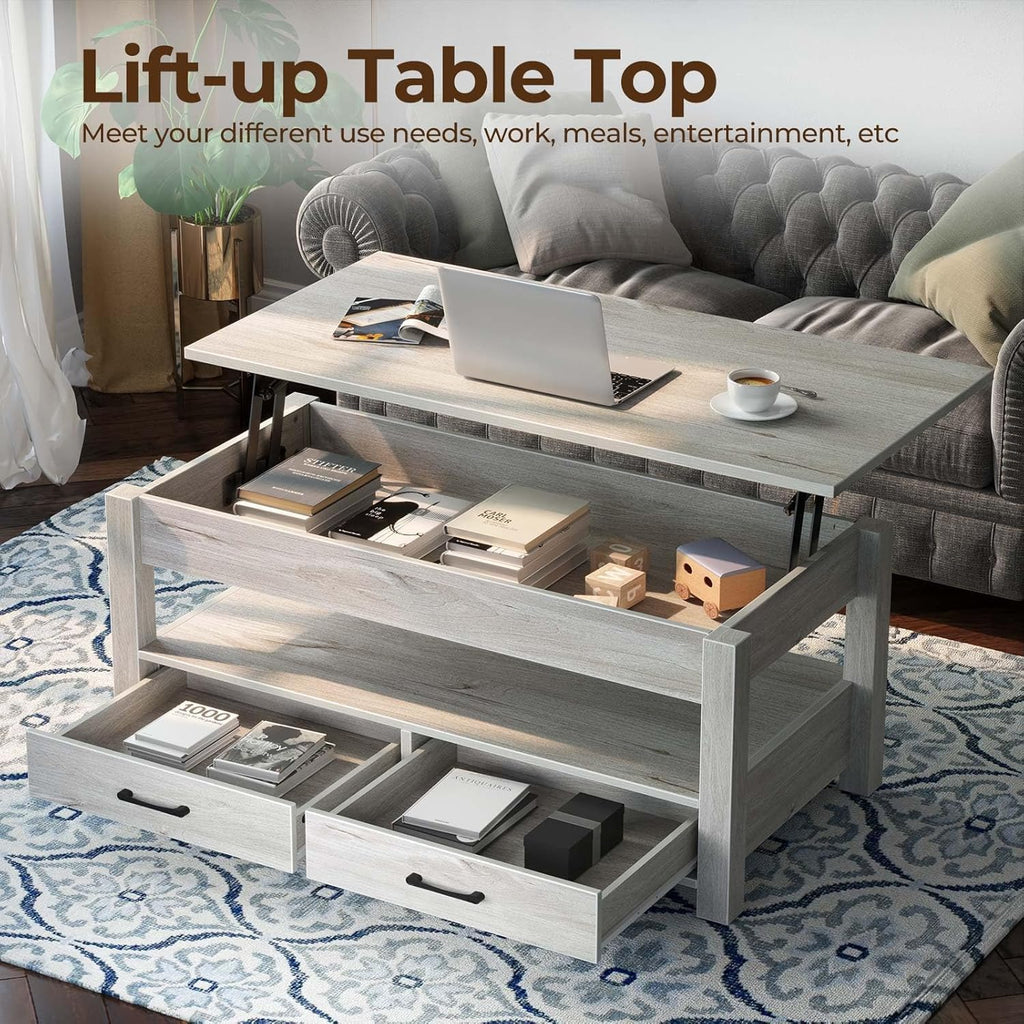 Coffee Table, Lift Top Coffee Table with Drawers and Hidden Compartment, Living Room Table with Wooden Lift Tabletop