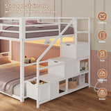 Low Bunk Bed Twin Over Twin with Stairs, Storage Drawers & Shelves, RGB LED Lights Metal Floor Bunk with Power Outlet