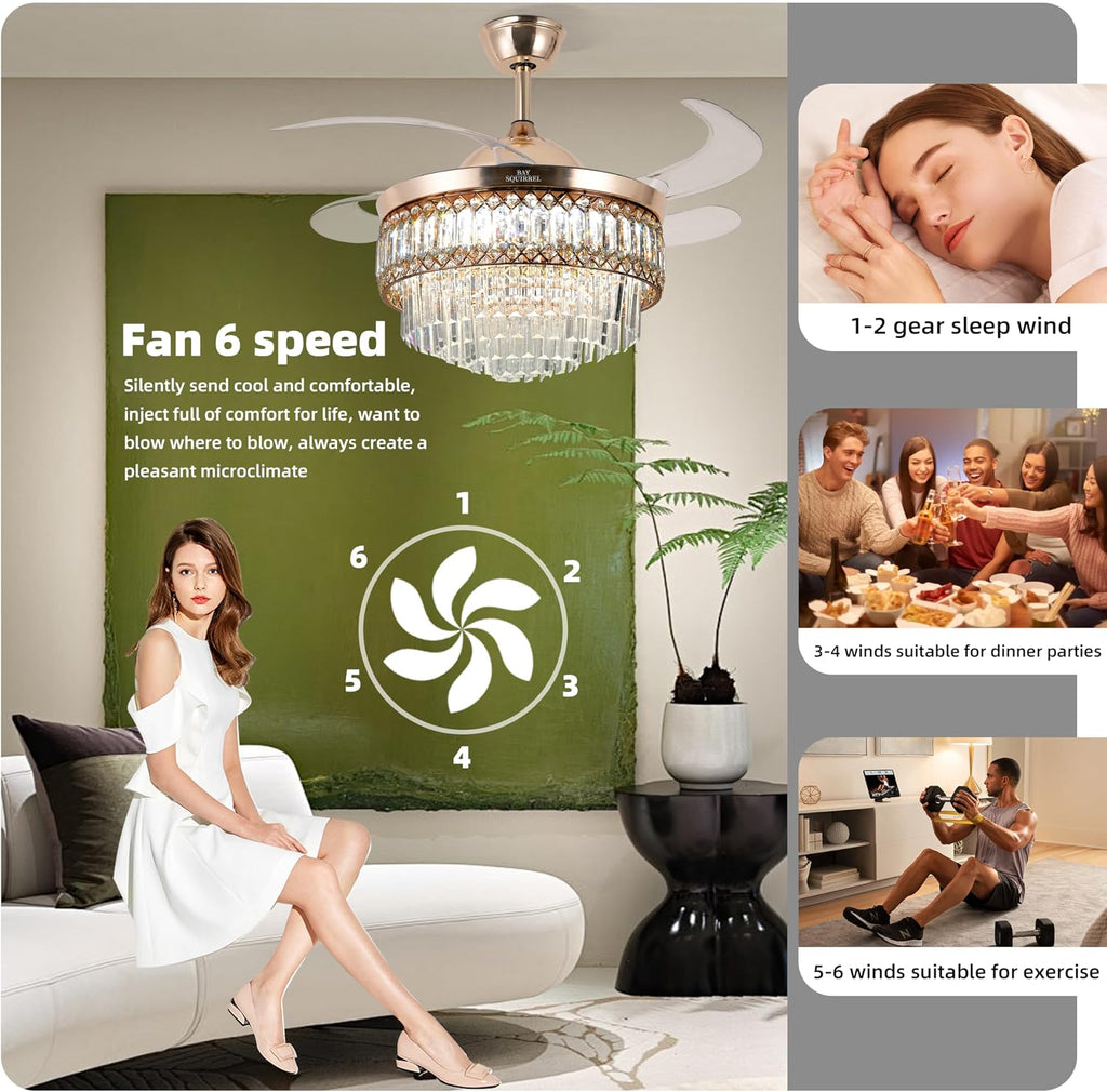 Retractable Crystal Ceiling Fan with Lights and Remote/APP Control, Bluetooth Ceiling Fan with Speaker, 6-Speed