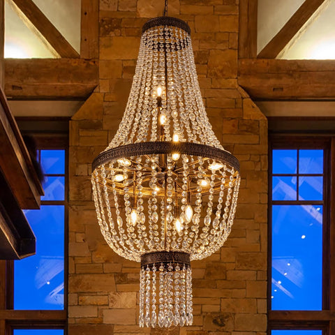 12-Light French Empire Crystal Chandelier, 60.5"H Bronze Rustic Farmhouse Light Fixture, Adjustable High Ceiling Chandelier for Dining Room,Living Room,Foyer,Entryway,Staircase,Hallway, 28"W A108-B0D17JKKGL