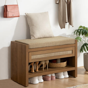 Rattan Shoe Bench Entryway Bench with Storage Drawer and Linen Seat Cushion, Farmhouse Boho Shoe Rack with Shelf