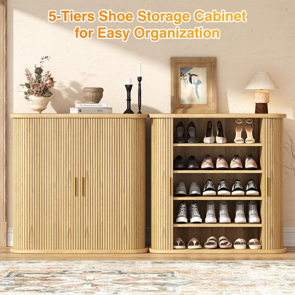 5-Tier Sliding Door Shoe Cabinet, Adjustable Shelves Wooden Shoe Storage with Gold Handle, Mid-Century Modern