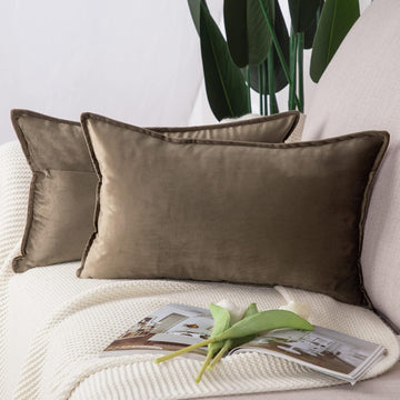 Set of 2 Super Soft Velvet Decorative Throw Pillow Covers 12x20 inch Brown Rectangular with Fringe Luxury Style
