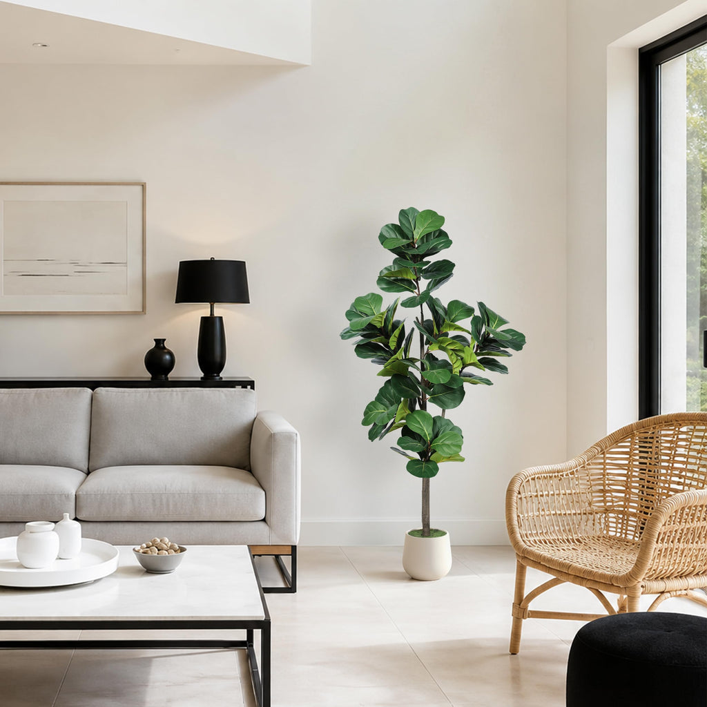 5ft Fiddle Leaf Fig Tree Artificial with White Exquisite Planter