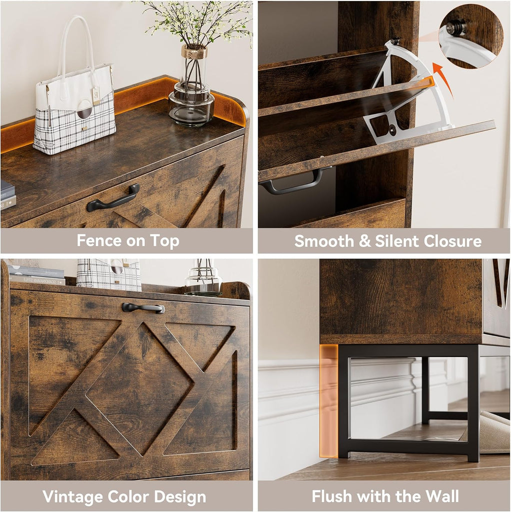 Shoe Cabinet Organizer with 2 Flip Drawers, Freestanding Narrow Rack with Metal Legs, Farmhouse Slim Shoe Storage