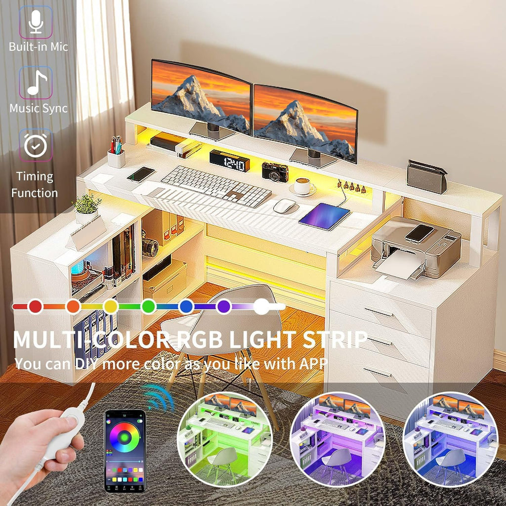 L Shaped Desk with Drawers, 65" Computer Desk with Power Outlets & LED Lights