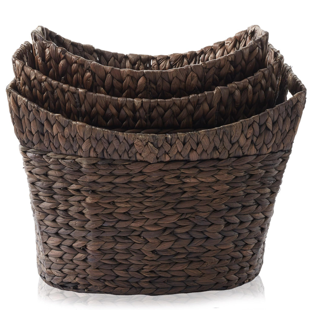 Set of 3 Stackable Oval Laundry Baskets with Handles - Espresso, Woven Water Hyacinth Storage Totes for Throw