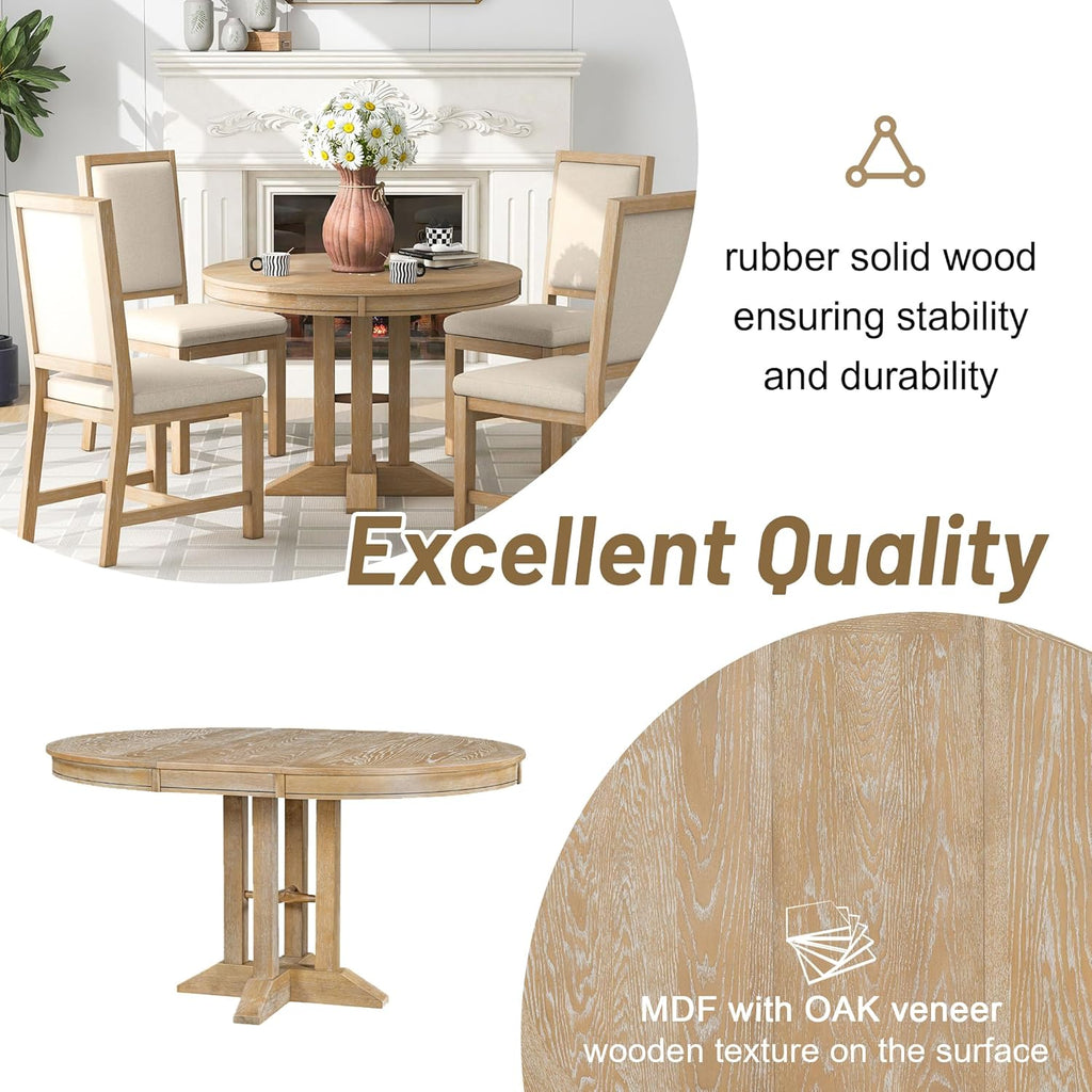 Farmhouse Expandable Round Dining Table, 42 to 56 Inch Vintage Solid Wood Kitchen Table with Removable Oval Leaf