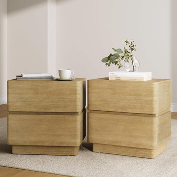 Rivelle Modern Contemporary Nightstand with Drawer, Minimalist Solid Wood Bedside Table with 2 Drawers, Light Brown