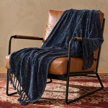 Soft Cozy Chenille Knit Throw Blanket with Tassel, 50 * 60 Navy