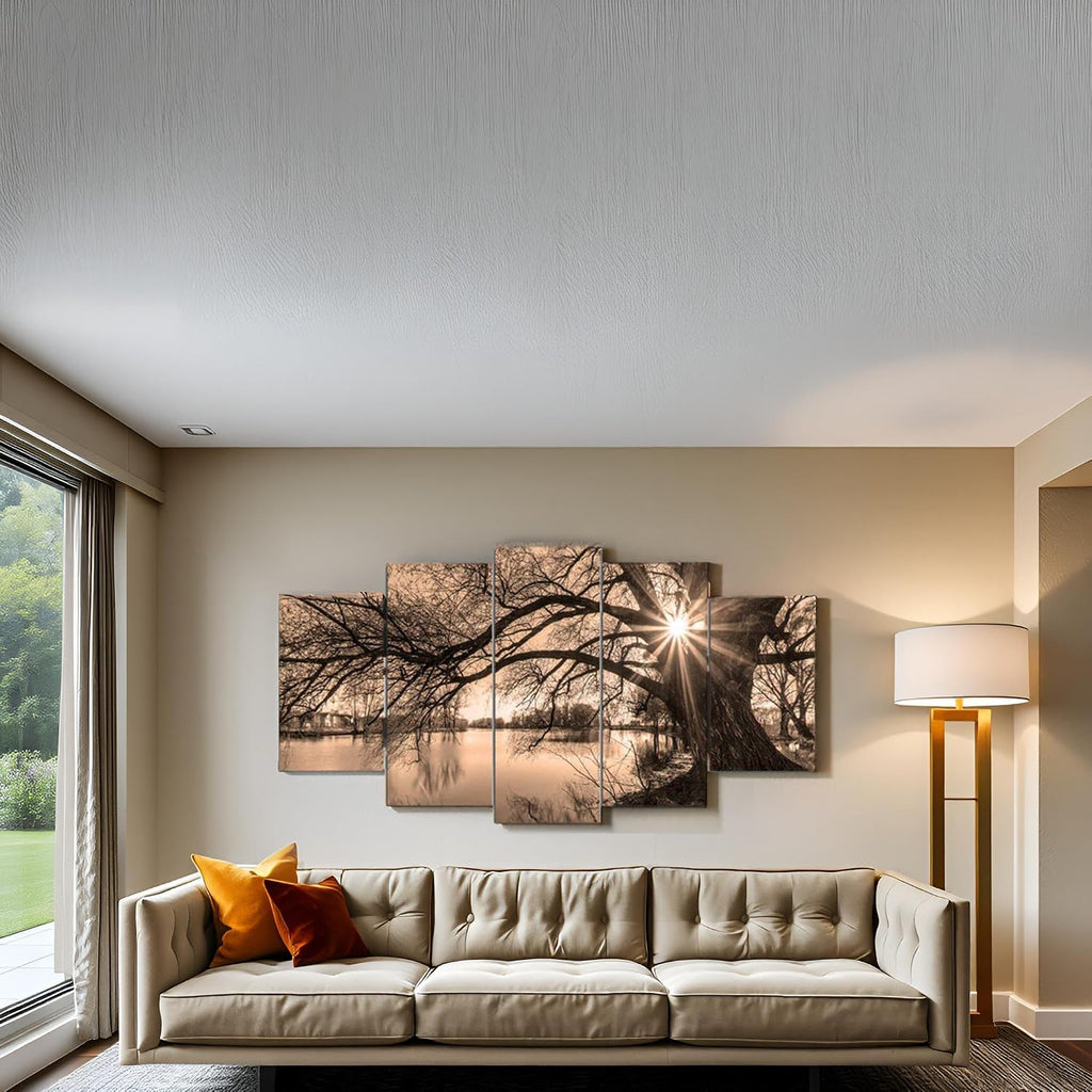 Large 5 Piece Canvas Wall Art Tree By Lake at Sunset Picture Canvas Prints Vintage Sepia Landscape Photo Painting