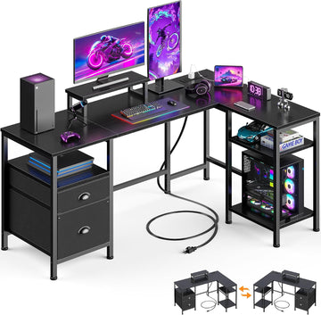 50 Inch L Shaped Gaming Desk with Power Outlet and Drawers, Black