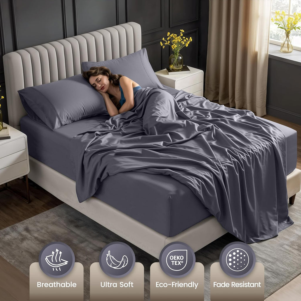 Extra Deep Pocket Queen Sheet Set - 4PCs Fits Up to 21 Inches - Grey - Set of 4
