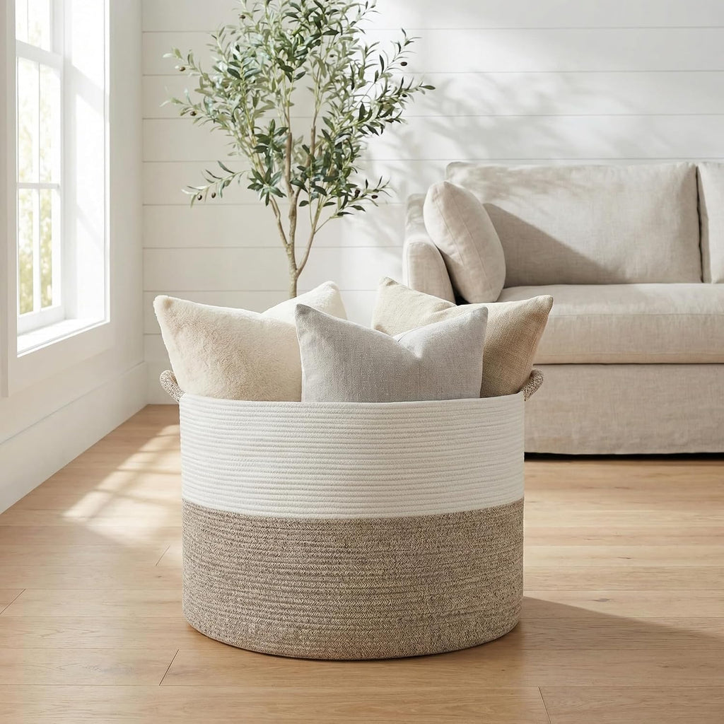 Large Blanket Basket , 21.7" x 13.8" Woven Cotton Rope Laundry Hamper for Pillows, Towels & Toy Storage - Decorative