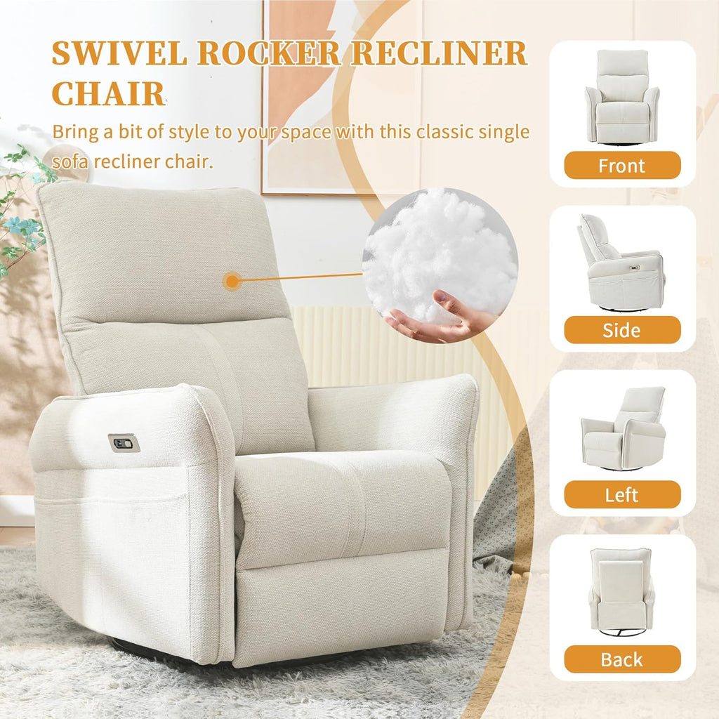 Power Swivel Rocker Recliner Chair, Upholstered Snowflake Velvet 270°Swivel Glider Rocker Chair with USB Ports