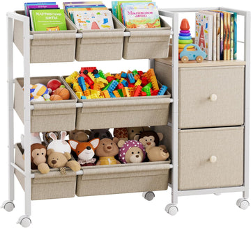 Kids Toy Organizers and Storage Bins, Off White | 7 Storage Bins + 2 Fabric Drawers + 1 Bookshelf, Playroom Storage