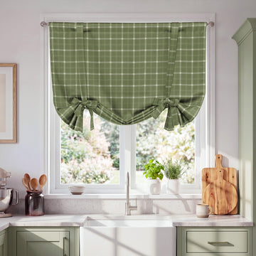 Green Plaid Ballon Shade 100% Blackout Kitchen Curtain, 46x63, 1PC