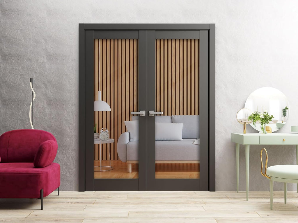 Lucia 2166 | Double Swing Interior French Doors with Glass, Solid Wood, Hardware Included, 72x80, Bl