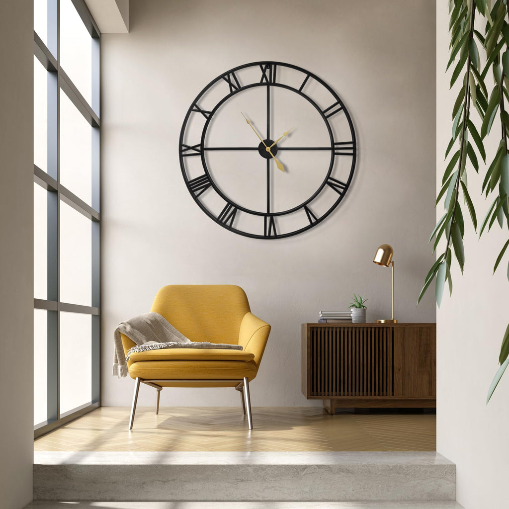 40 Inch Extra Large Modern Wall Clock, Oversize Rustic Round Nearly Silent Battery Operated, Black Metal Roman