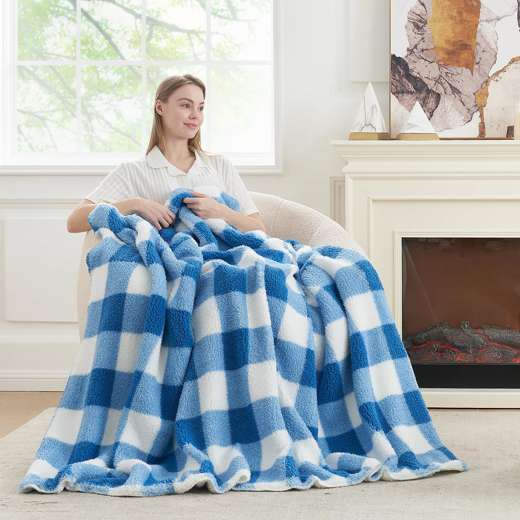 Bliss Luxury Sherpa Throw Blanket for Couch, Premium Reversible Buffalo Plaid Thick Throw, Warm Cozy Soft Blanket and