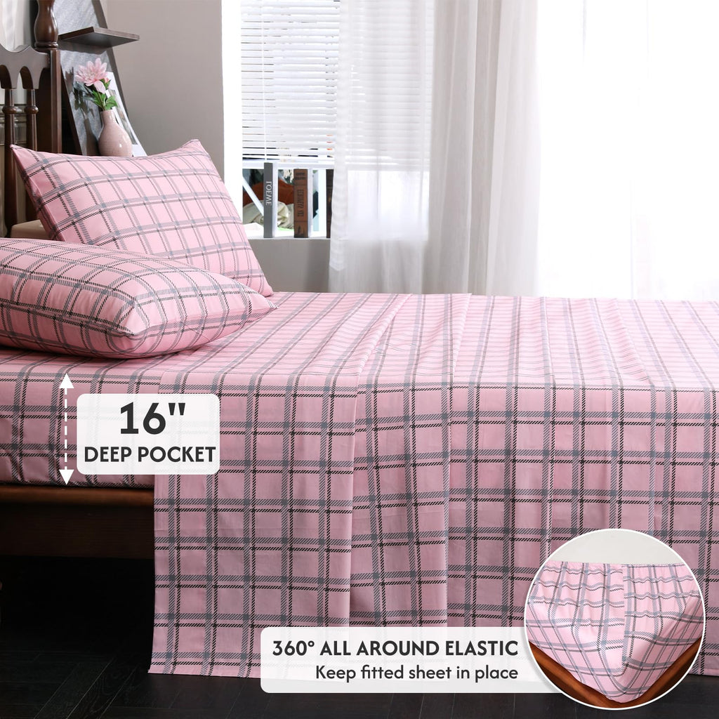 100% Percale Cotton King Sheet Set, Pink Gingham Cotton Sheets 4PC