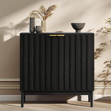 Fluted Cabinet with Storage, Buffet Cabinet Sideboard with 2 Doors, Black Buffet Storage Accent Cabinets with