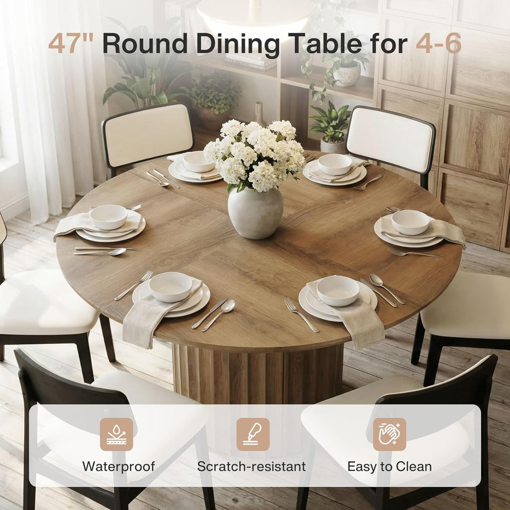 47-Inch Round Dining Table for 4-6, Modern Kitchen Table with Fluted Pedestal Base, Farmhouse Wood Dinner Furniture