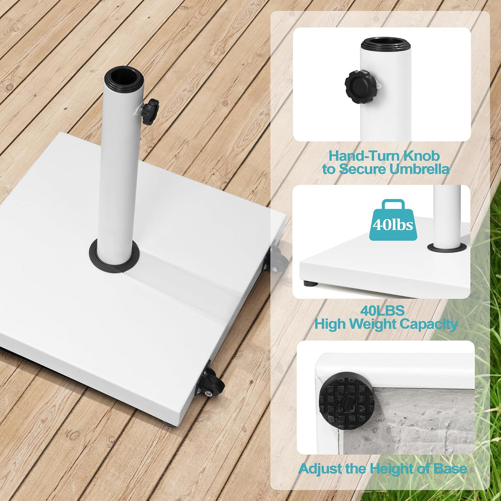 Patio Umbrella Base 43lbs Outdoor Umbrella Stand with Wheels, Heavy Duty Square Concrete Stand Market Umbrella, White