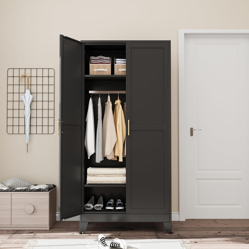 71" H Metal Armoire Wardrobe Closet, Adjustable Shelve, Clothes Drying Pole, Steel Wardrobe Cabinet (Black)