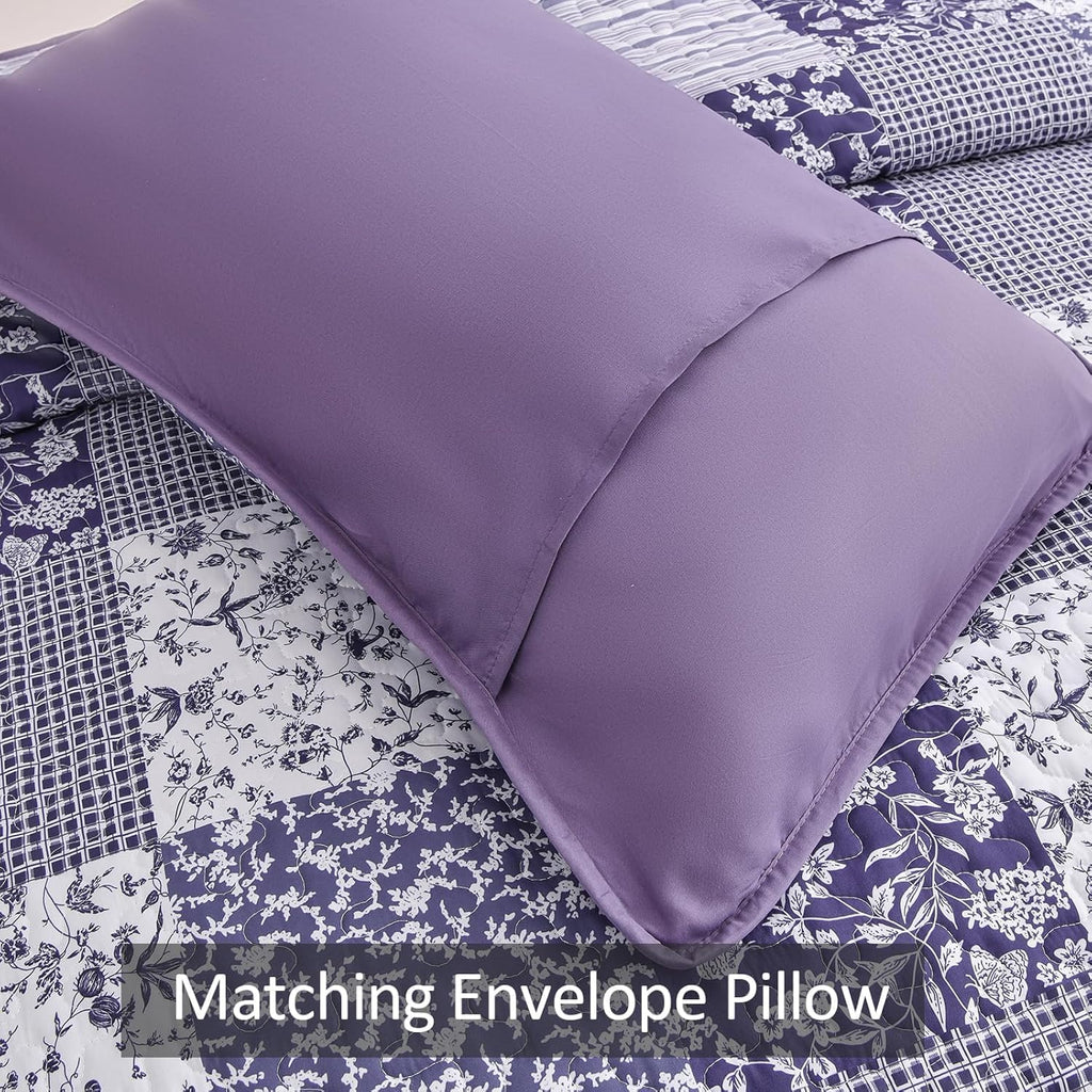 Boho Quilts Queen, Patchwork Reversible Bedding Set, Purple - Set of 3