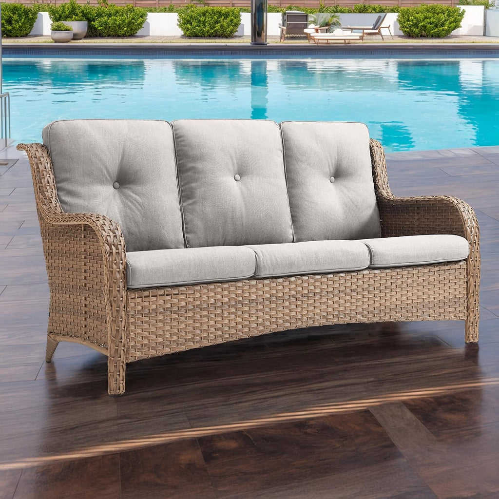 Outdoor Patio Wicker Sofa 900Lbs Weight Capacity, Large 3 Seater Wicker Patio Couch with 4in Seat Cushions and Deep