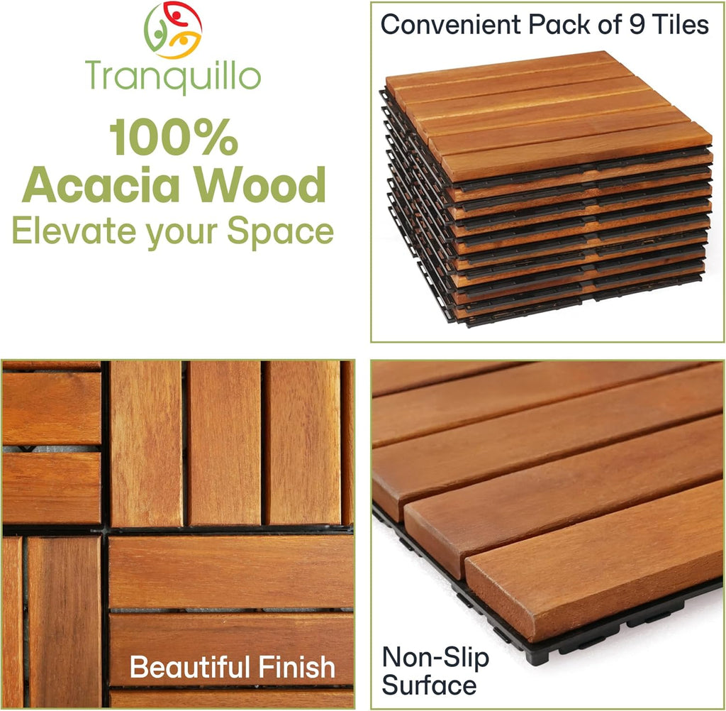 Interlocking Deck Tiles 12”x12”, Acacia Wood Patio Tiles, Waterproof Flooring Tiles for Indoor and Outdoor - Non-Slip