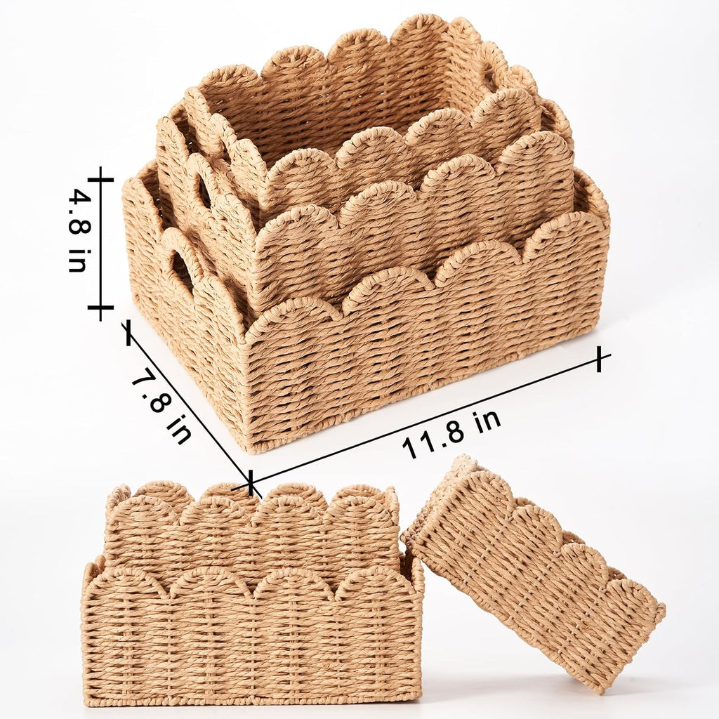 Scalloped Wicker Baskets Set of 3, Hand-Woven Storage with Handles | A set of 3 tan scalloped baskets with handles.