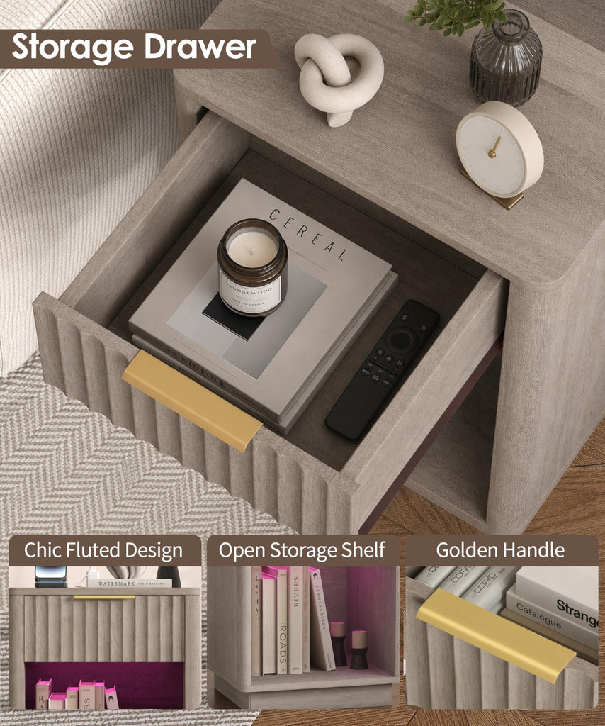 Fluted Nightstand Set 2 Bedside Table with Charging Station Greige