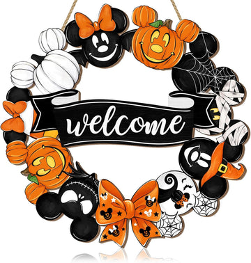 Halloween Mouse Wreath Door Decorations Welcome Hanging Sign, Happy Halloween Front Door Hanger Decor, Cute Wooden